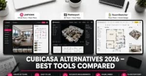 Comparativa de alternativas a CubiCasa — pantallas de Panoee, Matterport y RoomSketcher lado a lado