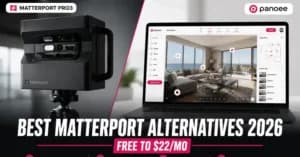 Cámara Matterport Pro3 comparada con dashboard de software de virtual tour — mejores alternativas a Matterport 2026