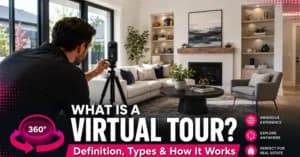 Fotógrafo capturando interior inmobiliario con cámara 360 para un virtual tour
