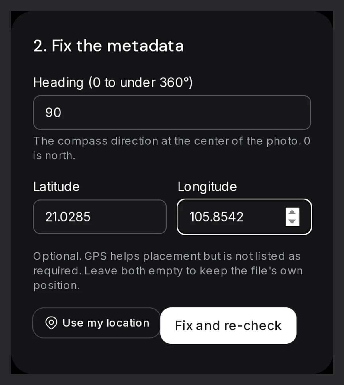 The fix form with heading 90 and GPS latitude and longitude filled in