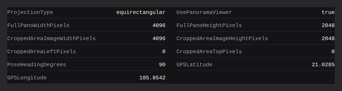 GPano tags and GPS coordinates read back from the fixed JPEG