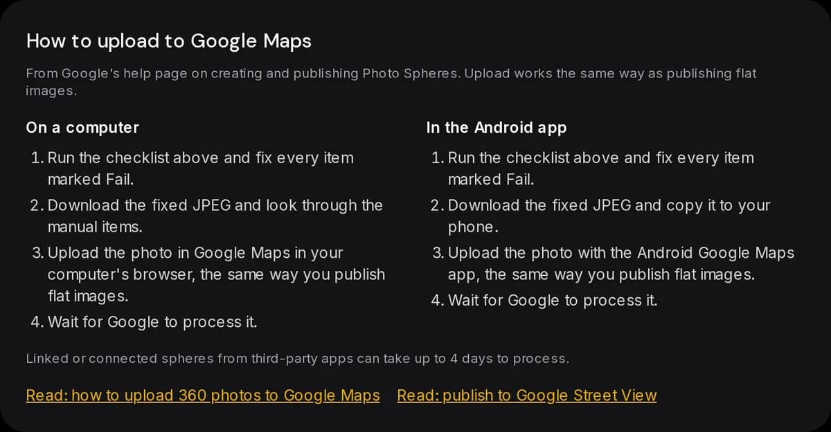 The upload guide beside the checker, with computer and Android steps