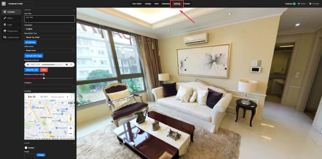 Change the virtual tour location
