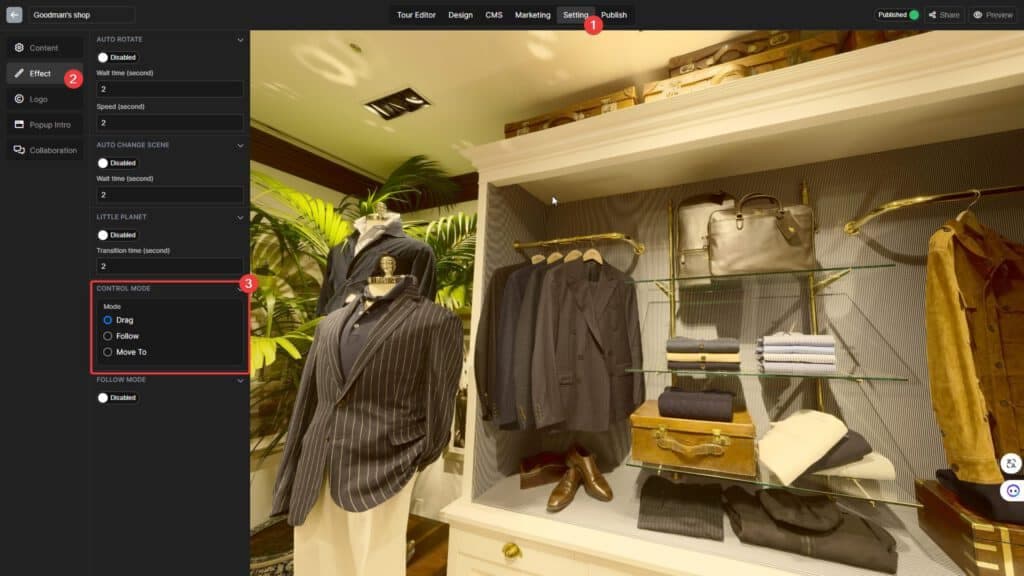 Change the Virtual tour Control mode