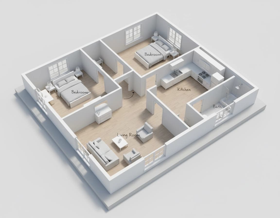 3D isometric floorplan of a two-bedroom apartment with labeled living room, kitchen, bath, and bedrooms