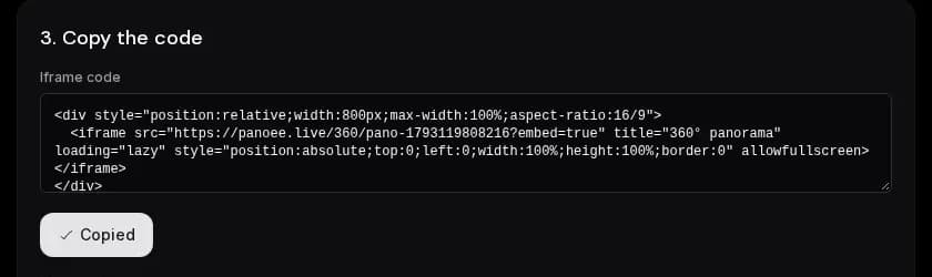 The generated iframe code with the Copy button showing Copied