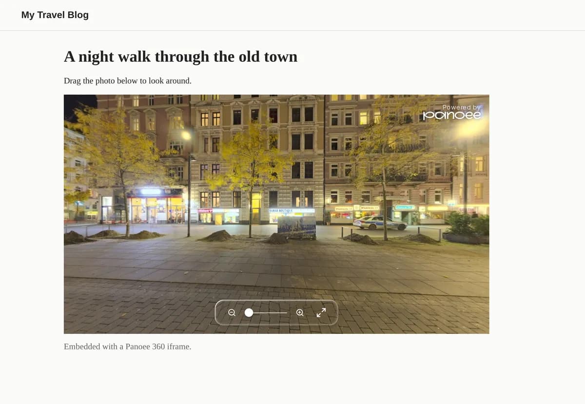 The generated iframe rendering a 360 panorama on a sample blog page