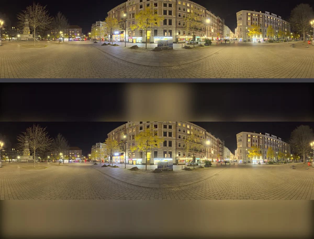 A 4:1 phone panorama above the 2:1 equirectangular JPEG the converter made from it with blur fill