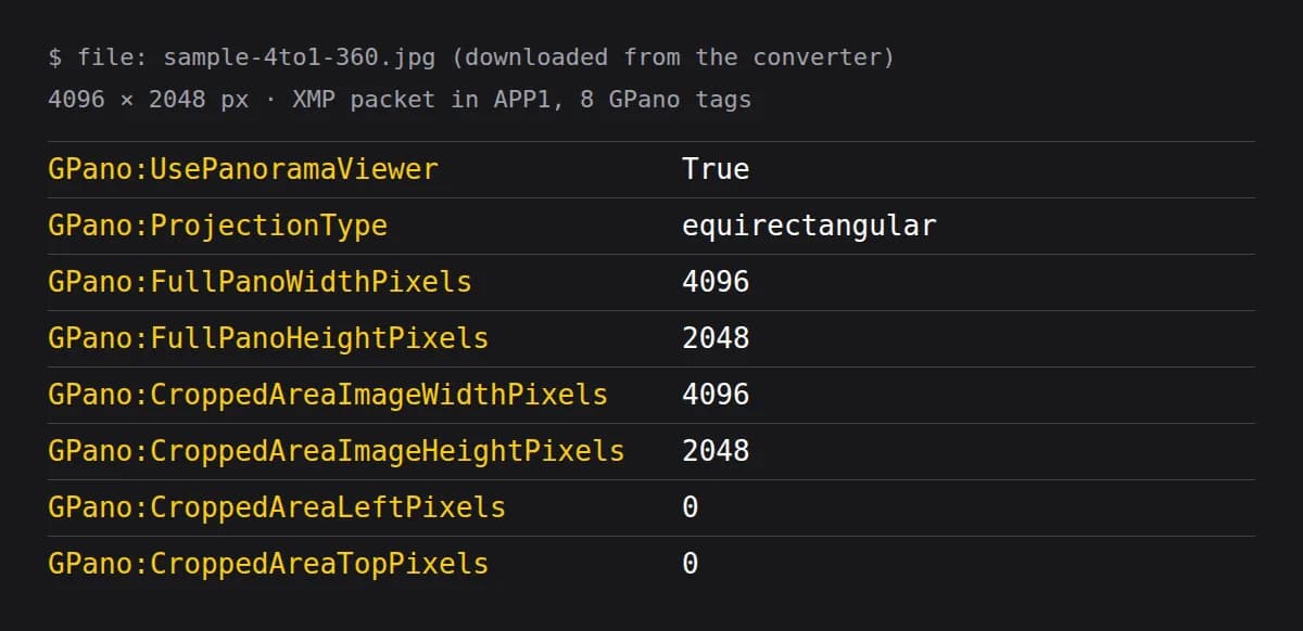 The eight GPano tags read from a JPEG downloaded from the converter