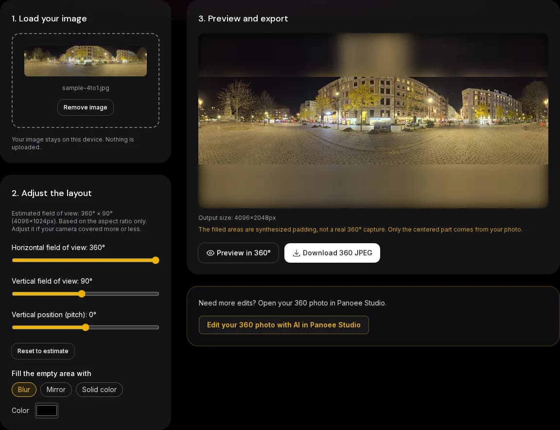 The converter with a panorama loaded: step 1 load your image, step 2 adjust the layout, step 3 preview and export