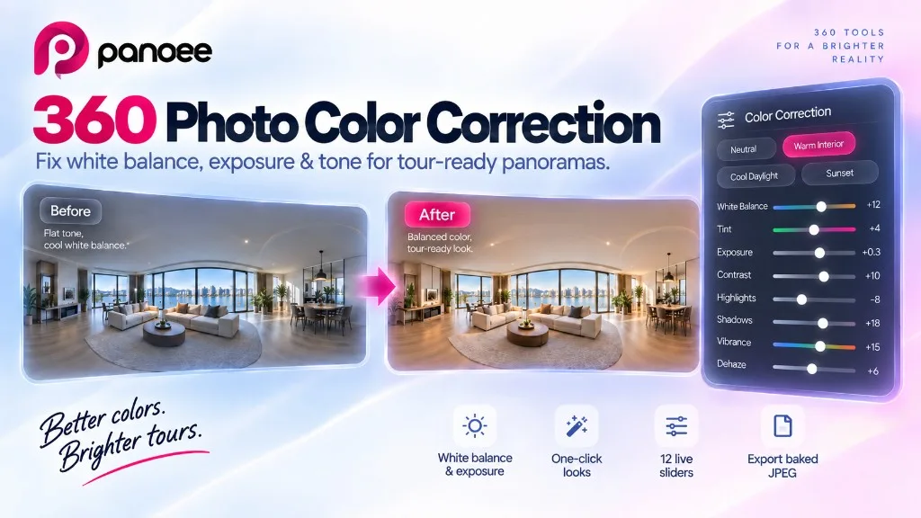 360 photo color correction: before-and-after interior panorama with warmer white balance and tour-ready tone