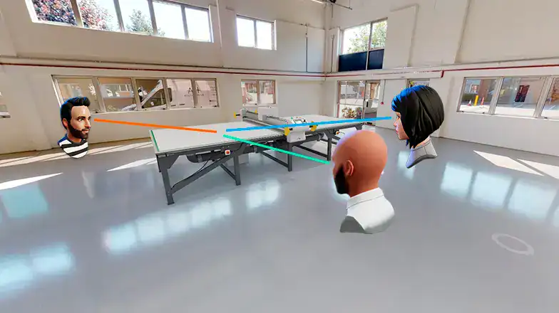 3D holographic meeting with virtual avatars in a bright, modern conference room, showcasing advanced hologram technology and digital collaboration tools for innovative communication solutions.