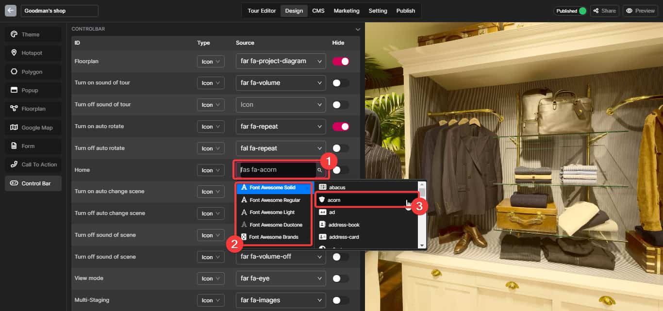Customize the Virtual tour Control bar interface 