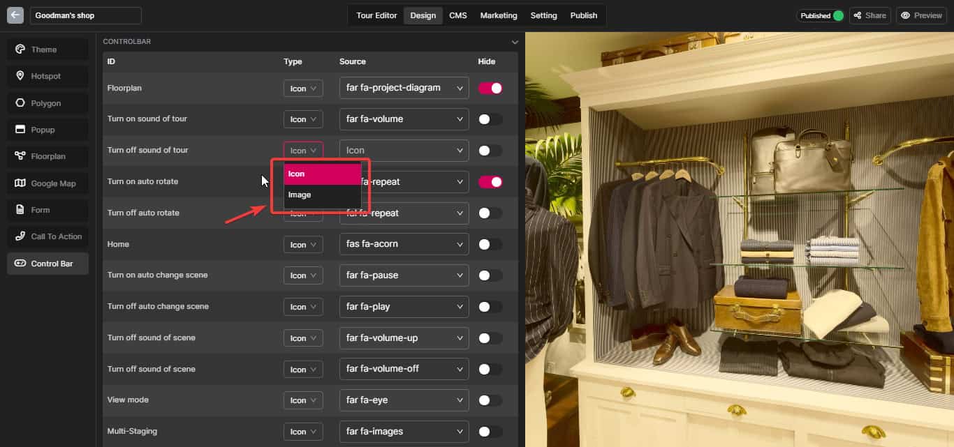 Customize the Virtual tour Control bar interface 
