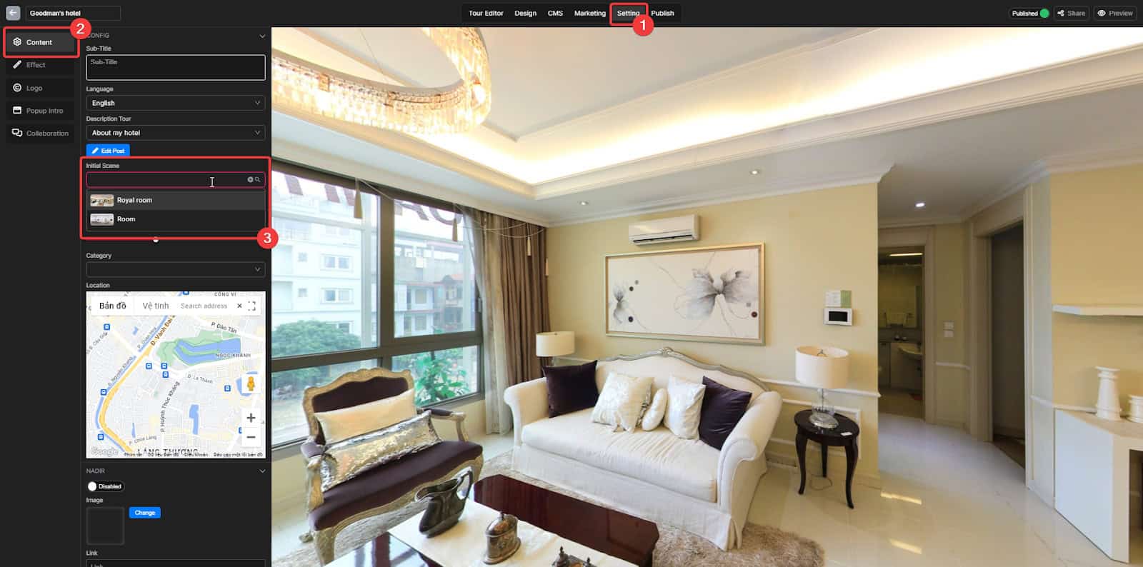Set up the initial view of your virtual tour