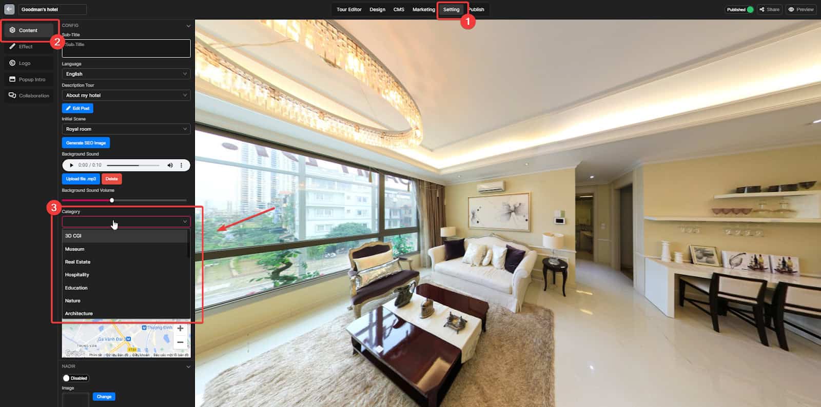 Change the virtual tour Category