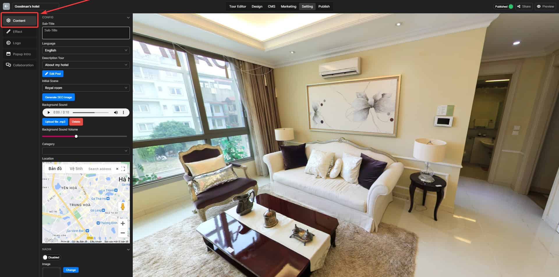 Change the virtual tour location