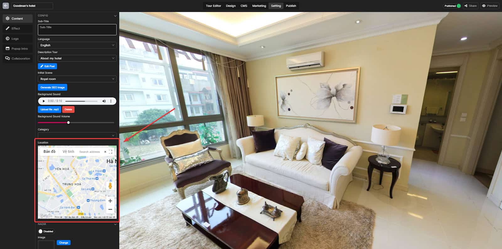 Change the virtual tour location