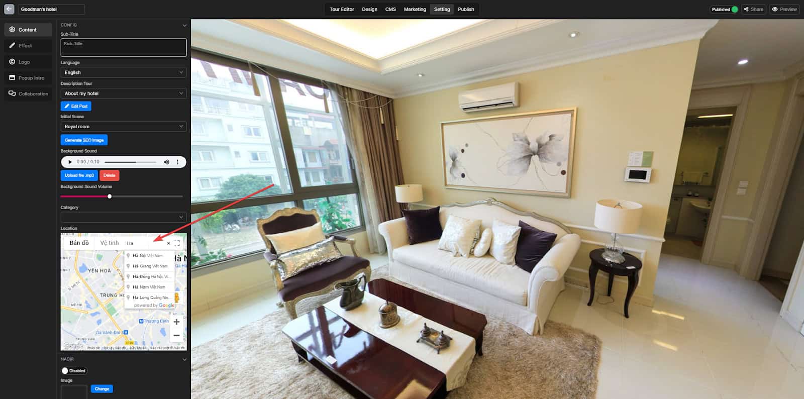 Change the virtual tour location