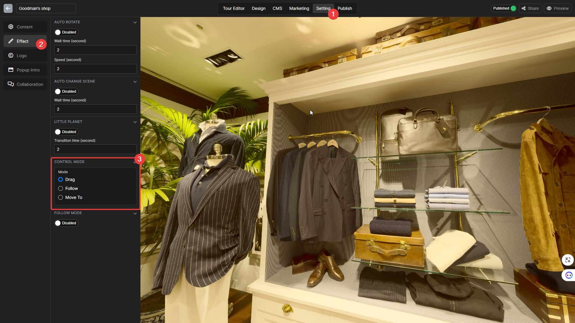 virtual tour control mode