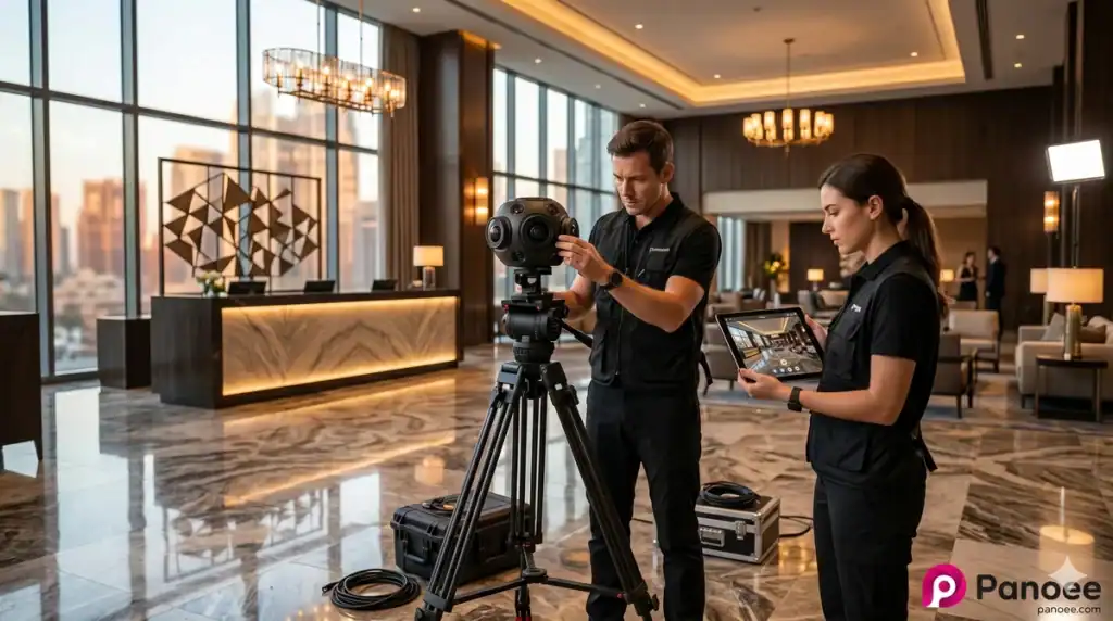 Full-service virtual tour company crew shooting 360-degree photography in a luxury hotel