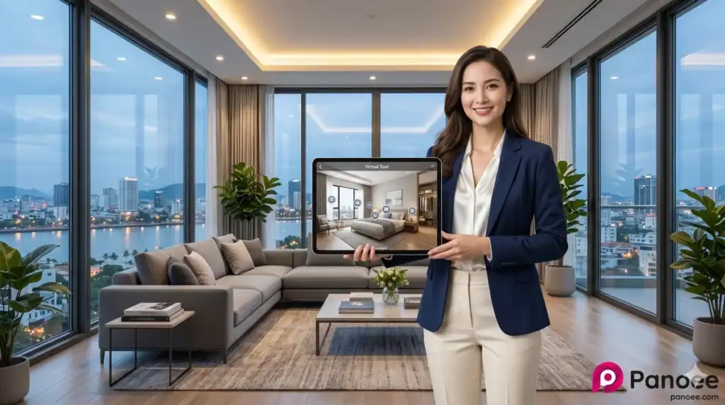 Real estate agent using DIY virtual tour software to create 360 property listing tour