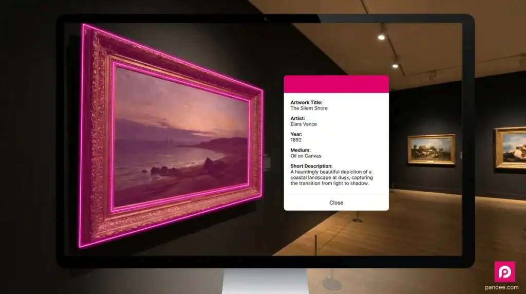 Polygon hotspot drawn over painting in Panoee virtual gallery tour editor