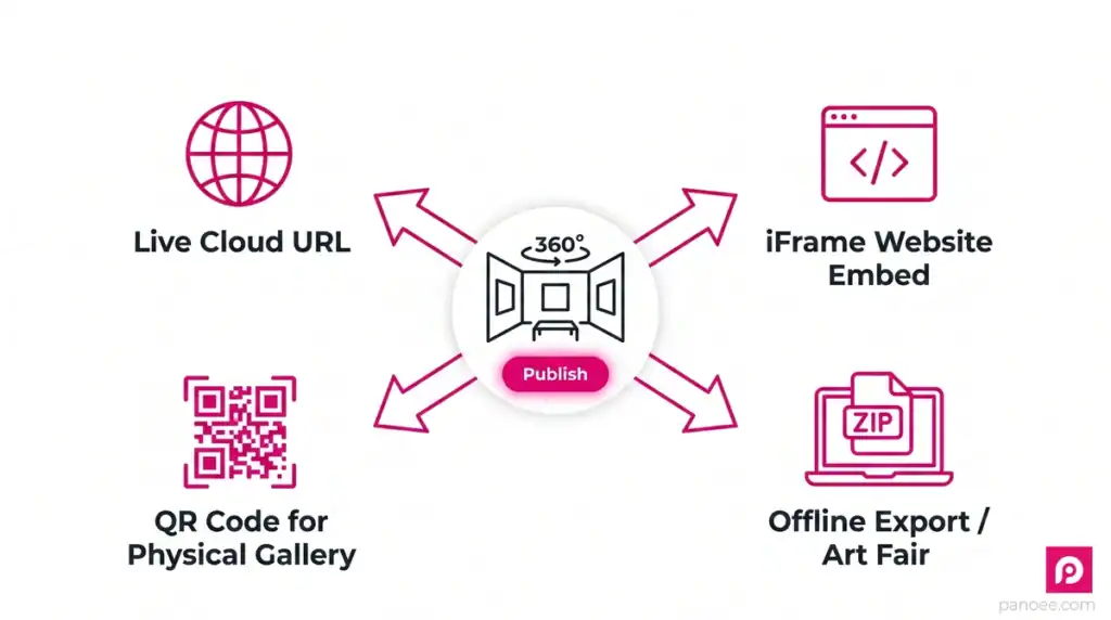 Four ways to publish and share a virtual art gallery tour: cloud, embed, QR code, offline