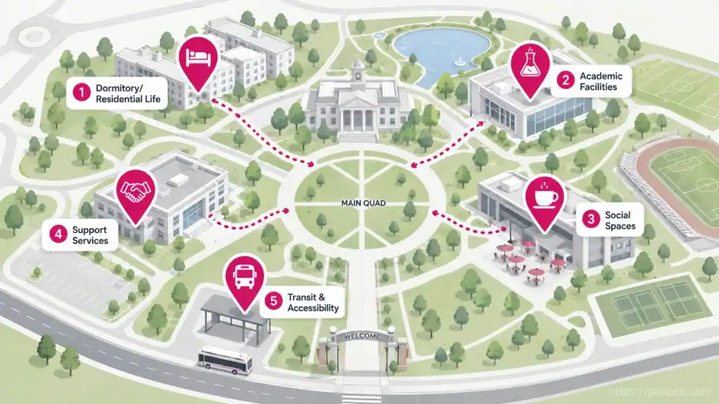Campus map showing 5 key zones students explore in virtual tours