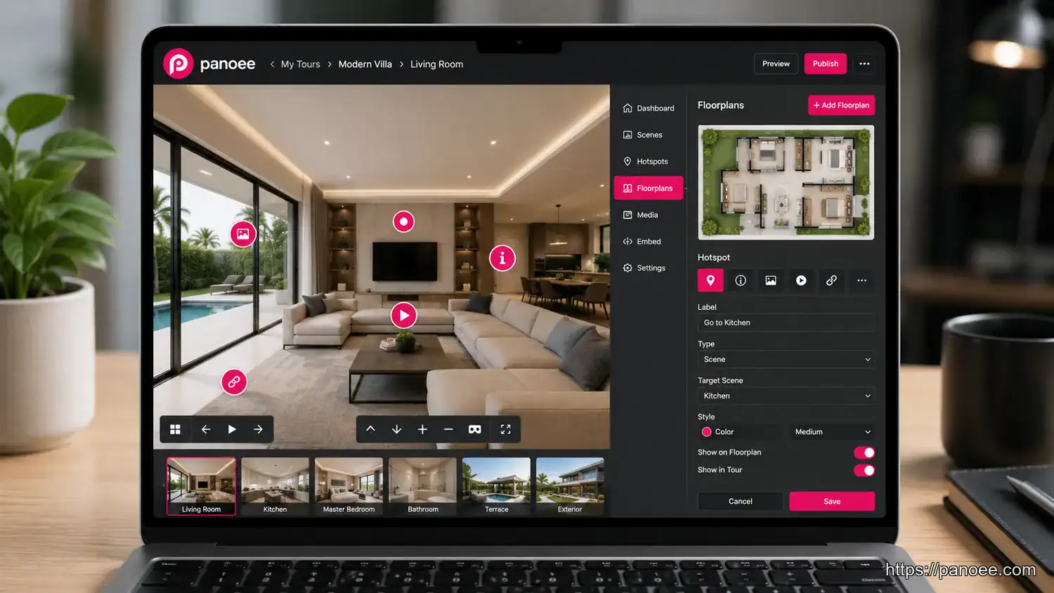 Panoee virtual tour software dashboard showing floorplans CMS and interactive hotspot options for real estate