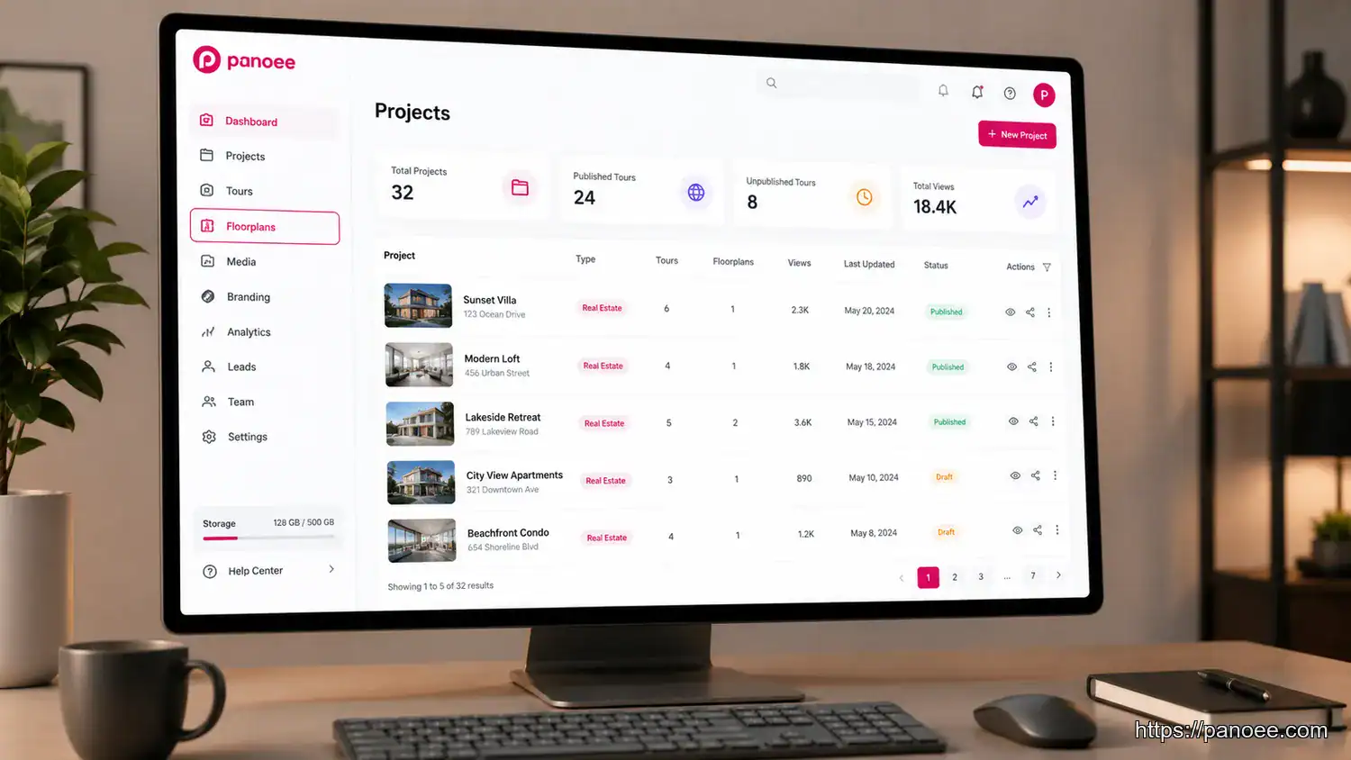 Panoee platform project dashboard showing virtual tour projects and floorplans navigation for real estate agents