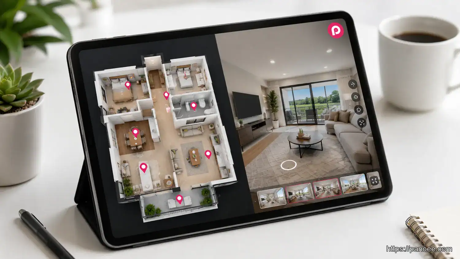 High-quality 3D floor plan integrated into a Panoee virtual tour displayed on a tablet device for real estate
