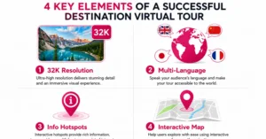Infographic showing 4 key elements of a successful destination virtual tour: resolution, language, hotspots, map