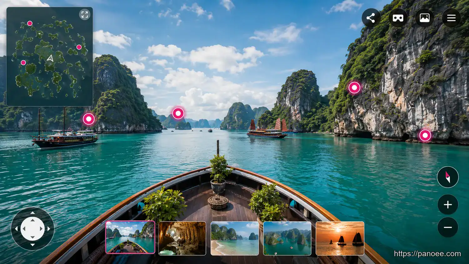 Professional 360-degree virtual tour interface of a tropical bay destination with interactive hotspot pins