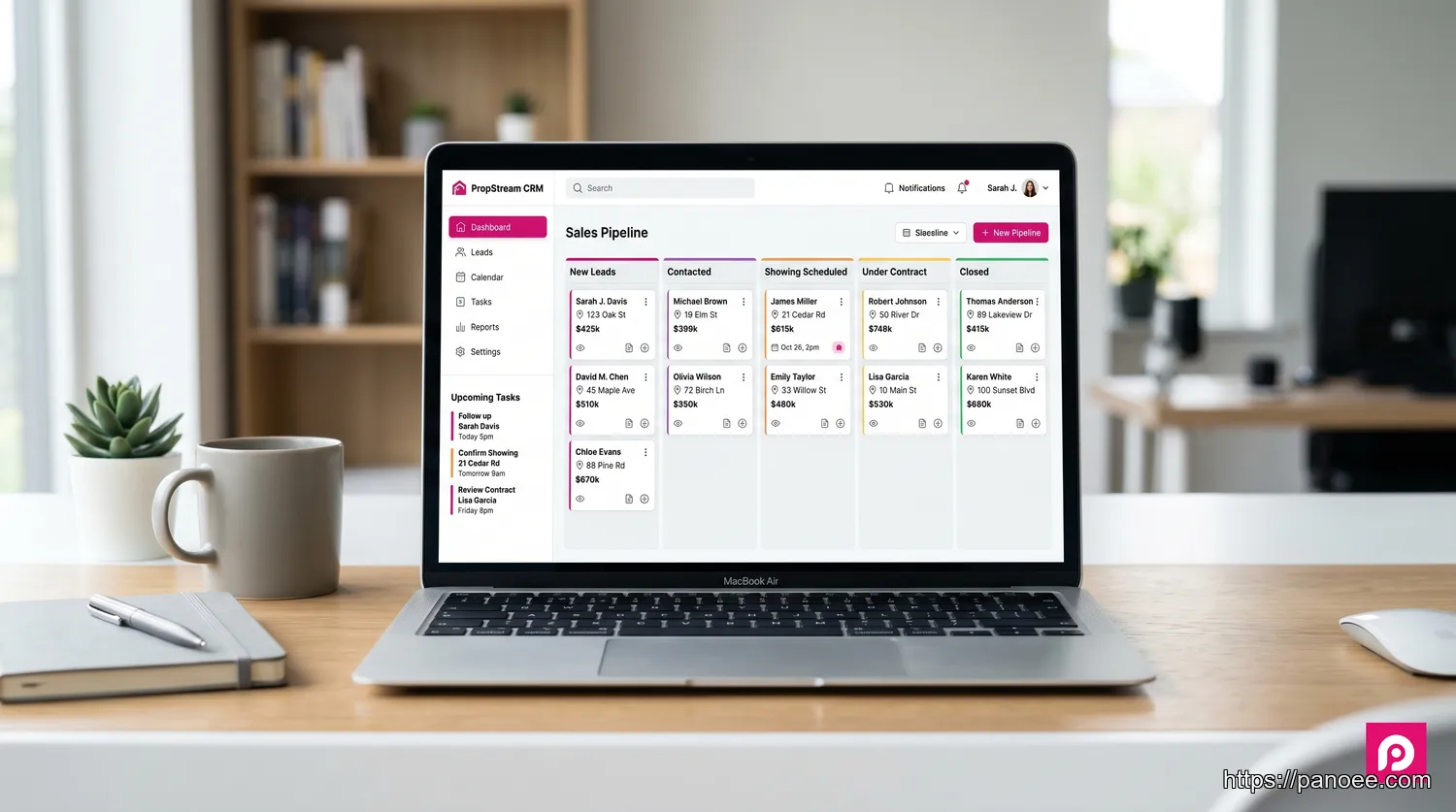 Real estate CRM dashboard showing lead pipeline stages from new leads to closed deals