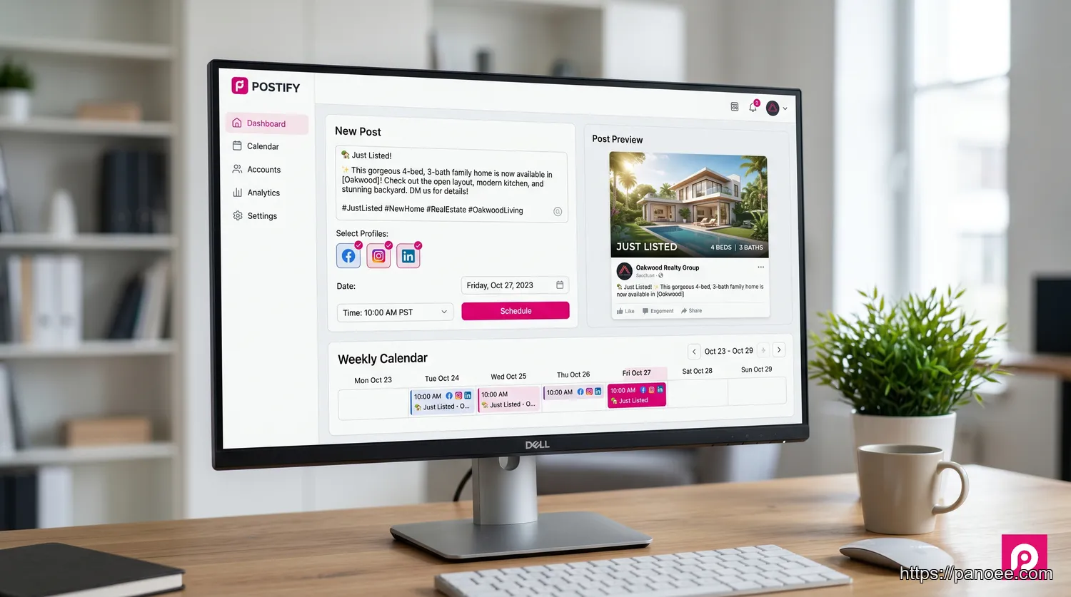 Social media scheduling tool scheduling a Just Listed real estate post across multiple platforms