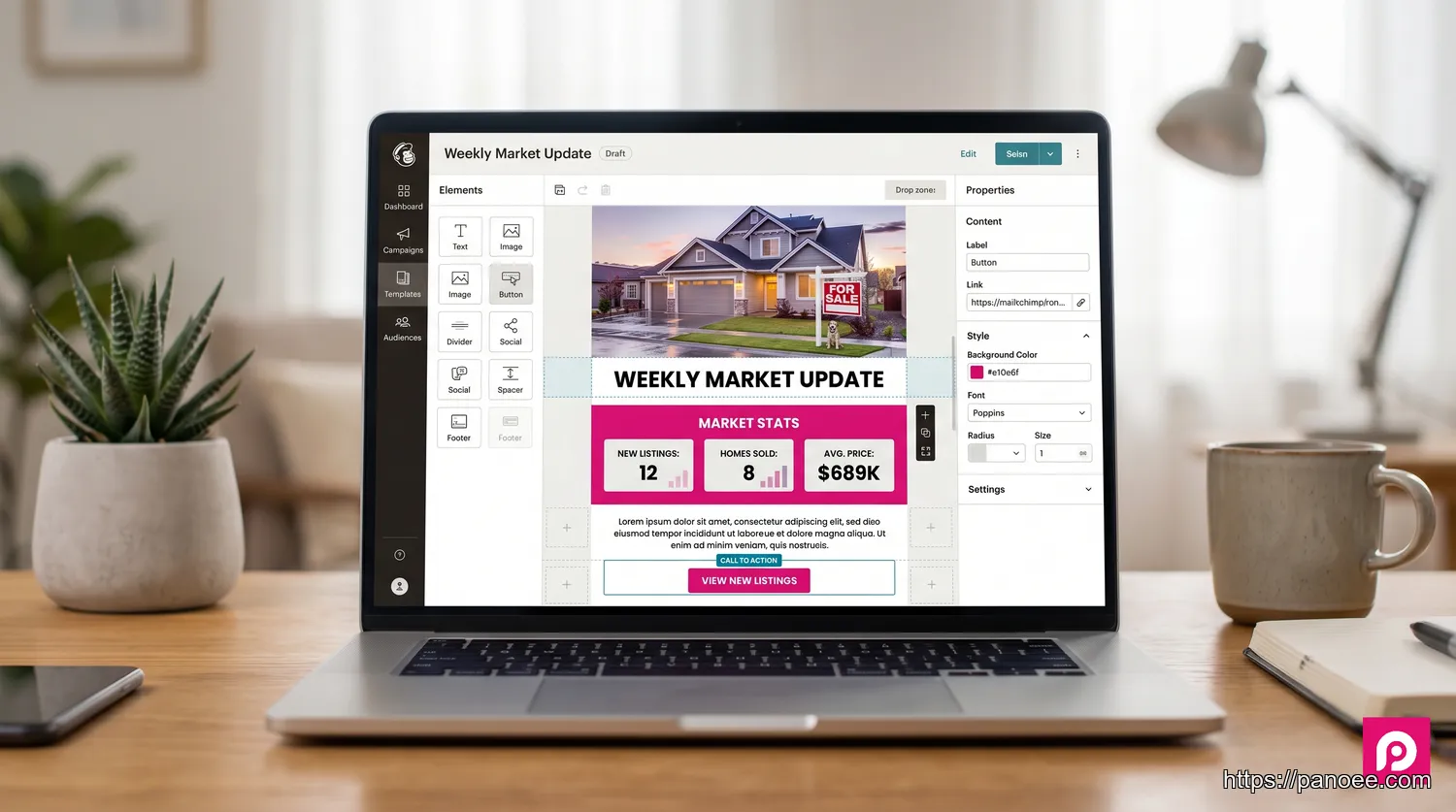 Mailchimp email marketing editor showing a Weekly Market Update template for real estate agents