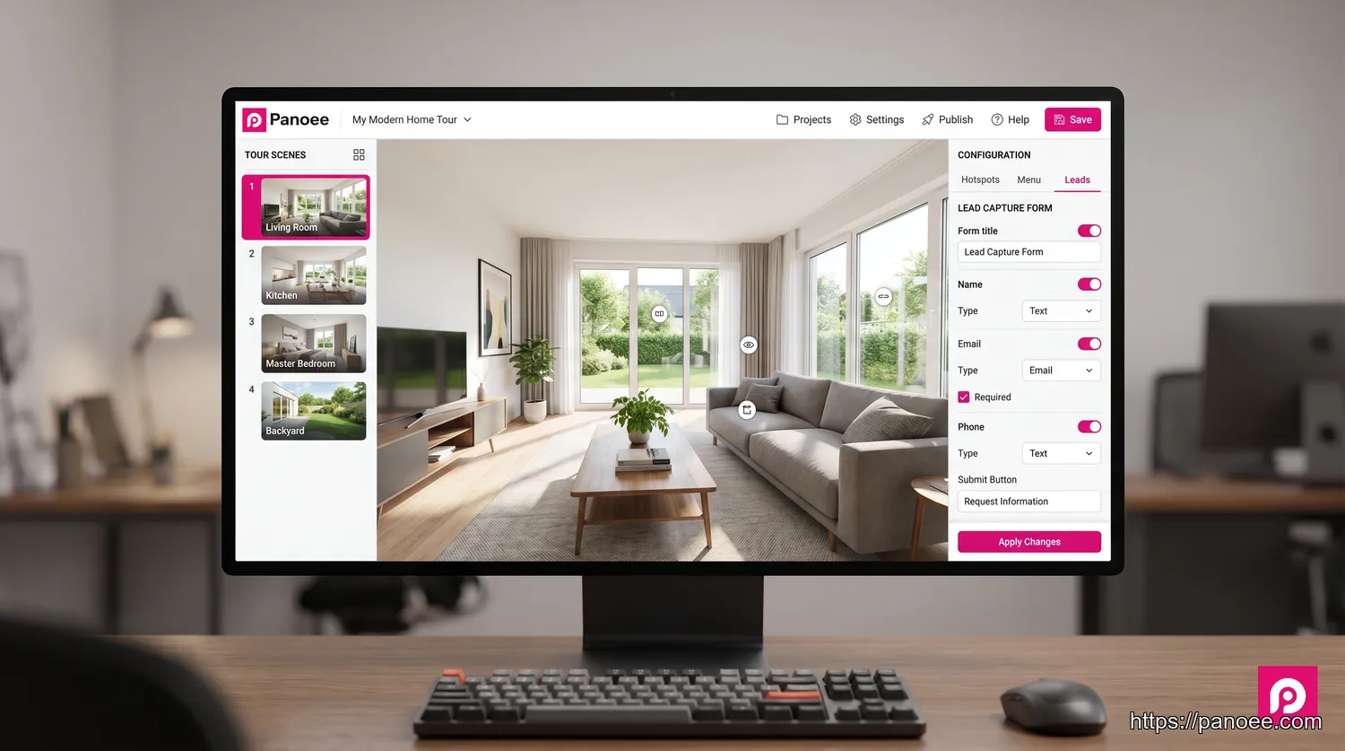 Panoee virtual tour editor showing 360 degree living room view with Lead Capture Form configuration