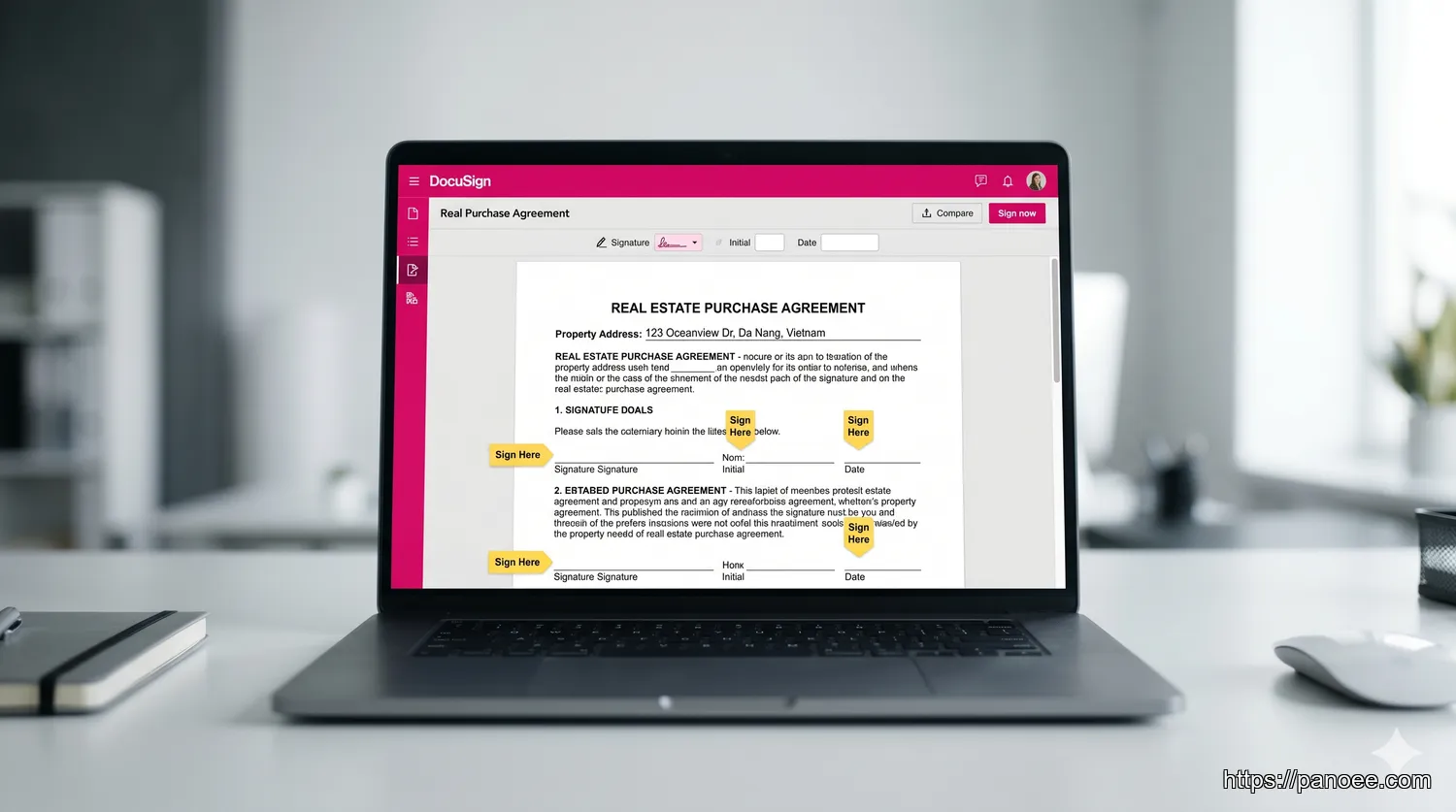 DocuSign interface showing a real estate purchase agreement with Sign Here tabs ready for e-signature