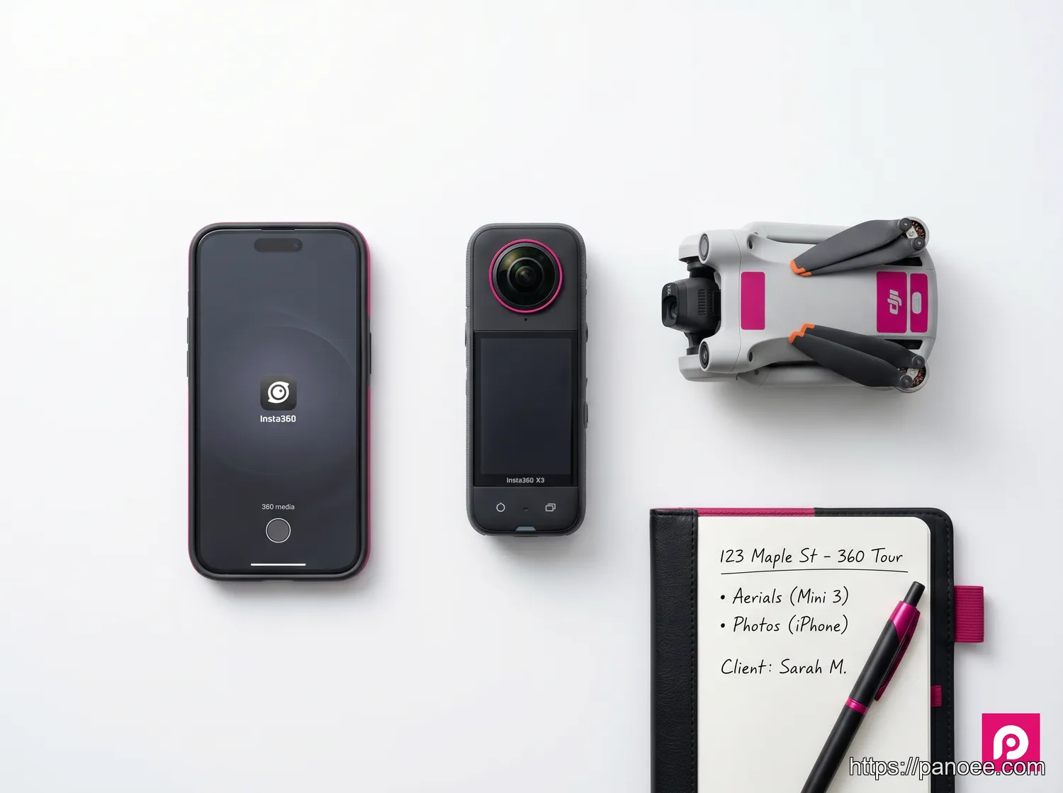 Real estate agent hardware flat lay showing Insta360 360 camera, smartphone, DJI Mini drone, and notepad