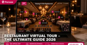 Restaurant virtual tour displayed on a laptop showing a 360-degree view of an elegant dining room with hotspot icons