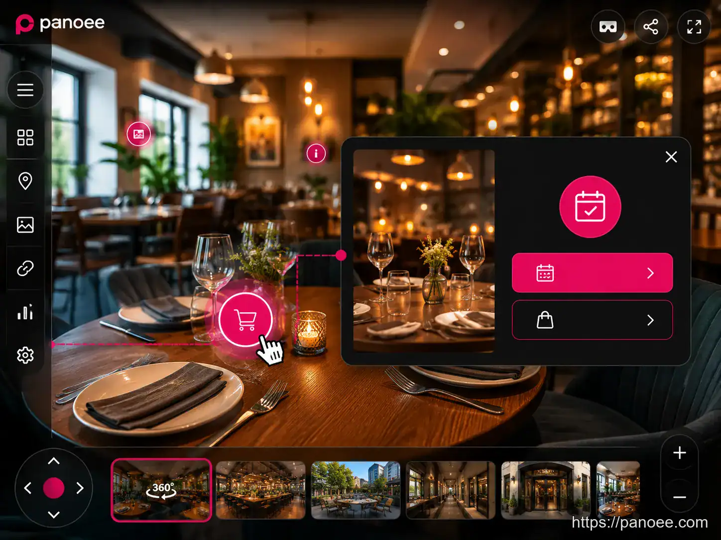 Panoee virtual tour eCommerce hotspot pop-up showing a 