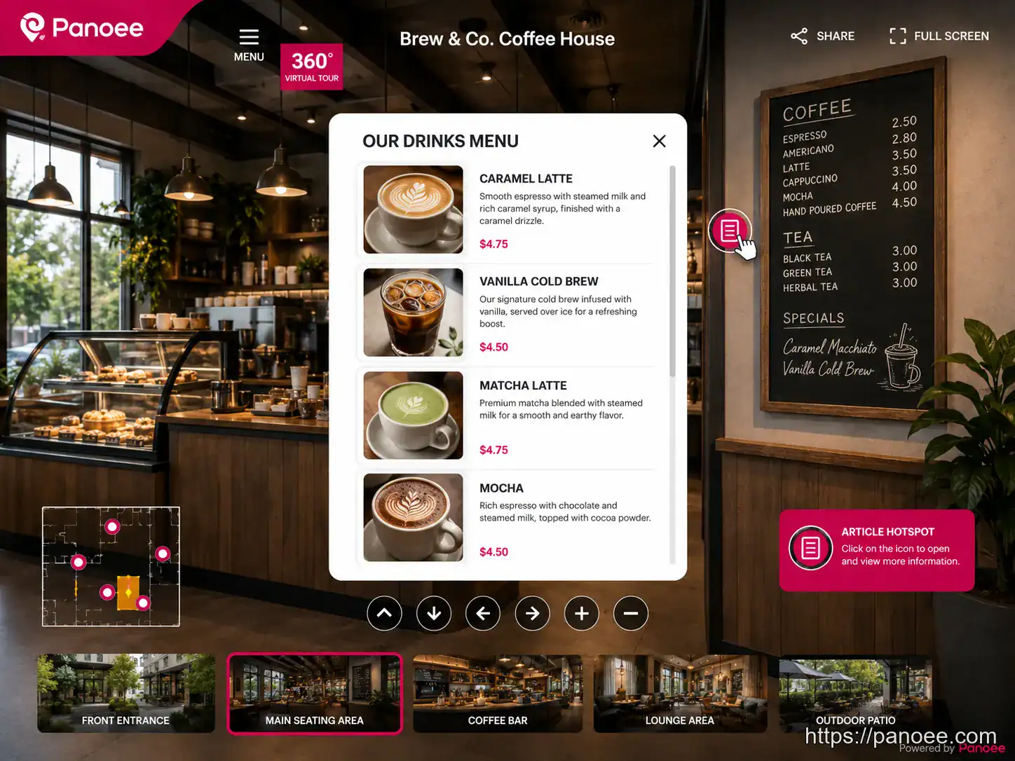 Panoee virtual tour Article Hotspot showing an interactive drinks menu pop-up inside a coffee shop tour