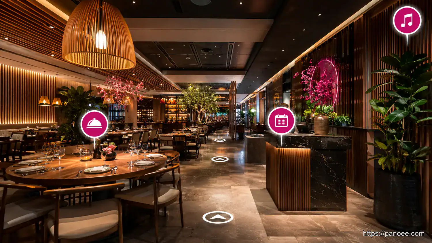 Panoee restaurant virtual tour showing an elegant dining room with interactive hotspot icons for menu, reservations, and musi