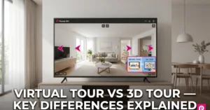 Panoee 360 virtual tour interface showing a modern living room with navigation hotspot arrows