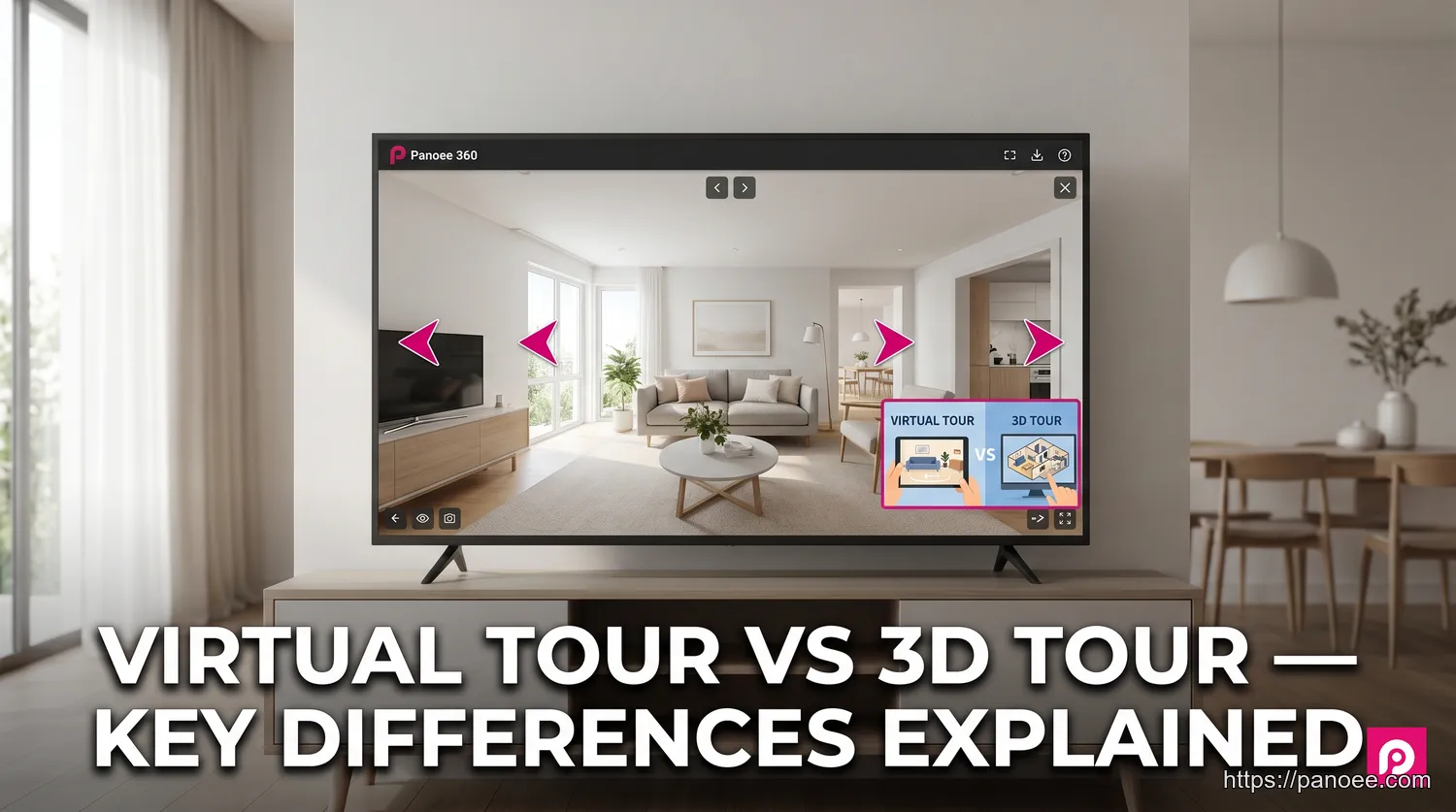 Panoee 360 virtual tour interface showing a modern living room with navigation hotspot arrows