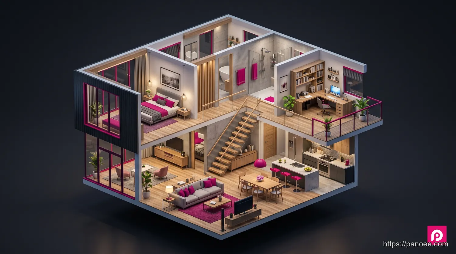 3D dollhouse view of a two-story home showing interior rooms from a bird's-eye perspective