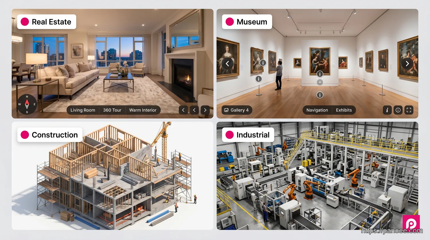 Four-panel collage showing virtual tour and 3D tour use cases in real estate, museums, construction, and industrial settings