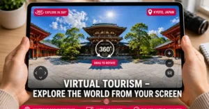 Virtual tourism experience showing a 360-degree view of Kyoto temple on a tablet screen