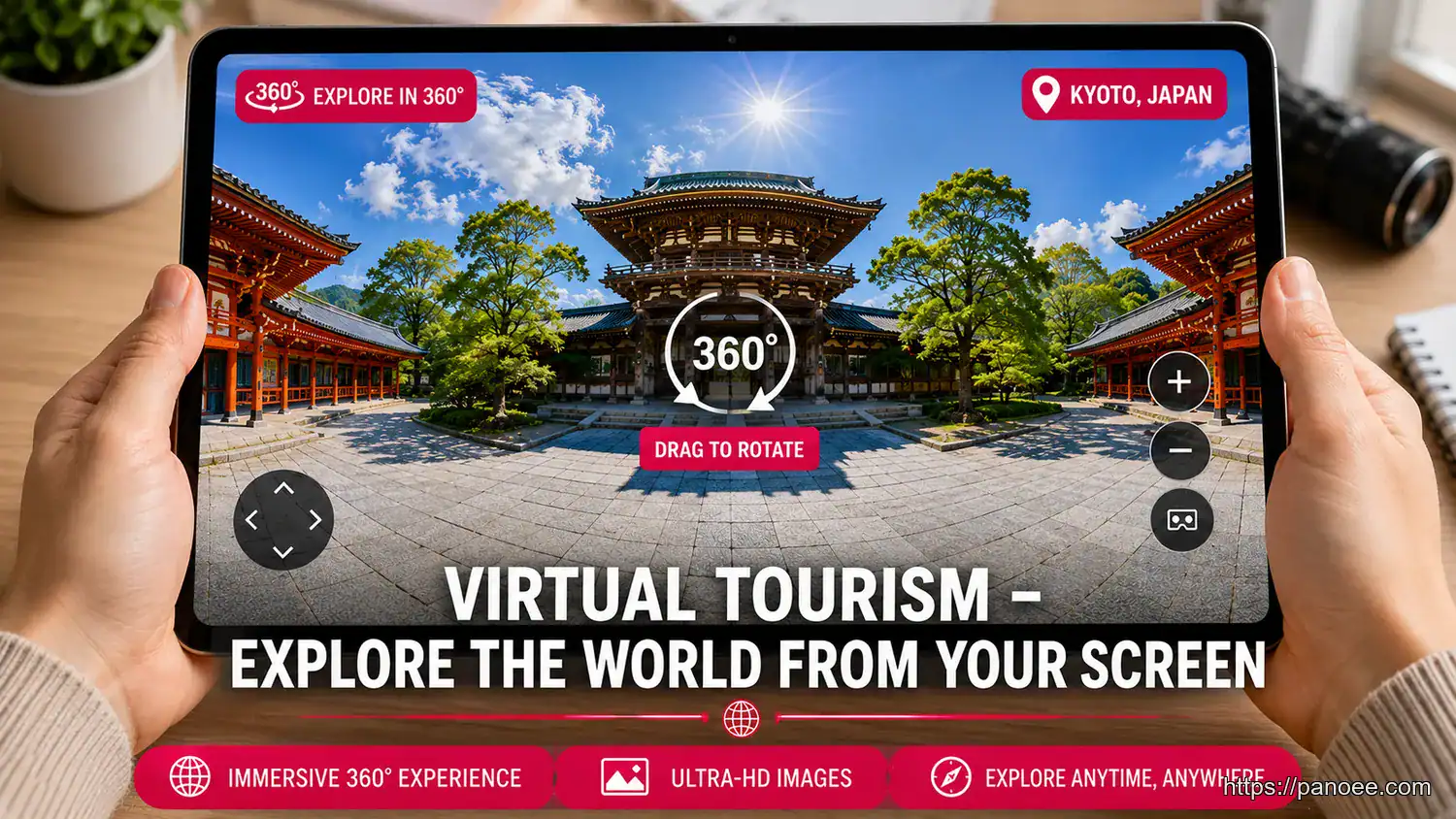 Virtual tourism experience showing a 360-degree view of Kyoto temple on a tablet screen